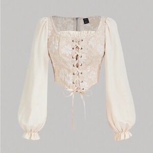 Floral Coquette Milkmaid Blouse Crop Lace Up Romantic Lantern Sleeve Boho Large